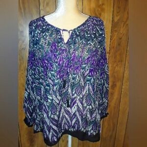 Womans Size Medium Multicolored Blouse Ruffled Longsleeved Shirt Loosefit Top